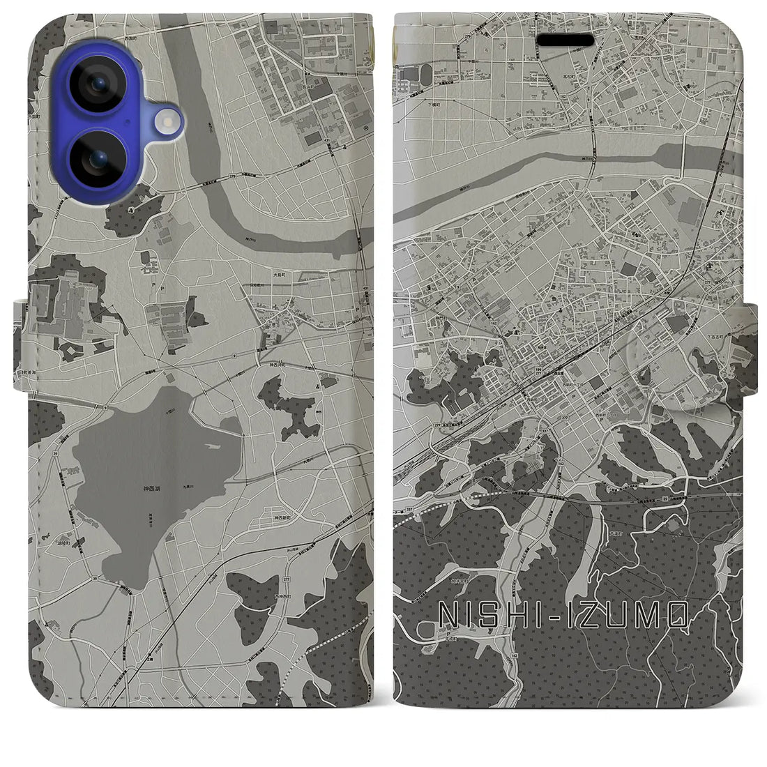 【西出雲(島根県)】地図柄iPhoneケース(手帳タイプ)モノトーン・iPhone 16 Pro Max 用