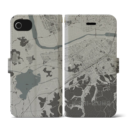 【西出雲（島根県）】地図柄iPhoneケース（手帳タイプ）モノトーン・iPhone SE（第3 / 第2世代） / 8 / 7 / 6s / 6 用