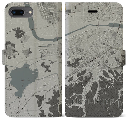 【西出雲（島根県）】地図柄iPhoneケース（手帳タイプ）モノトーン・iPhone 8Plus /7Plus / 6sPlus / 6Plus 用