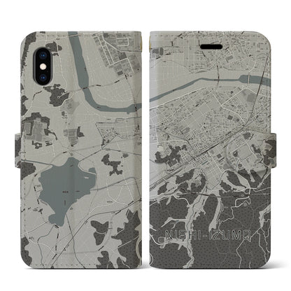 【西出雲（島根県）】地図柄iPhoneケース（手帳タイプ）モノトーン・iPhone XS / X 用