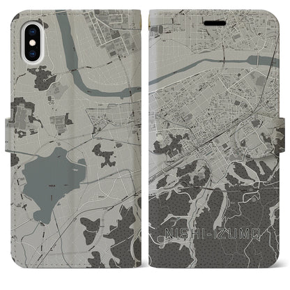 【西出雲（島根県）】地図柄iPhoneケース（手帳タイプ）モノトーン・iPhone XS Max 用