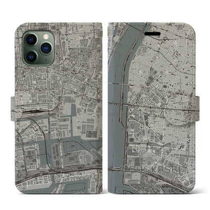 【西葛西（東京都）】地図柄iPhoneケース（手帳タイプ）モノトーン・iPhone 11 Pro 用