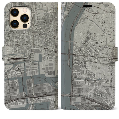 【西葛西（東京都）】地図柄iPhoneケース（手帳タイプ）モノトーン・iPhone 12 Pro Max 用