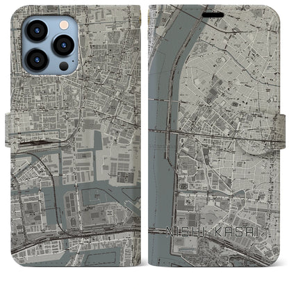 【西葛西（東京都）】地図柄iPhoneケース（手帳タイプ）モノトーン・iPhone 13 Pro Max 用