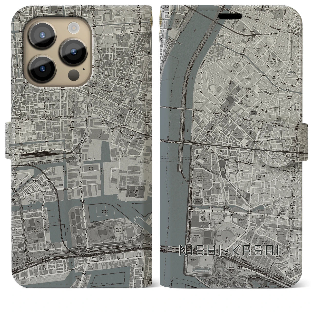【西葛西】地図柄iPhoneケース（手帳両面タイプ・モノトーン）iPhone 14 Pro Max 用