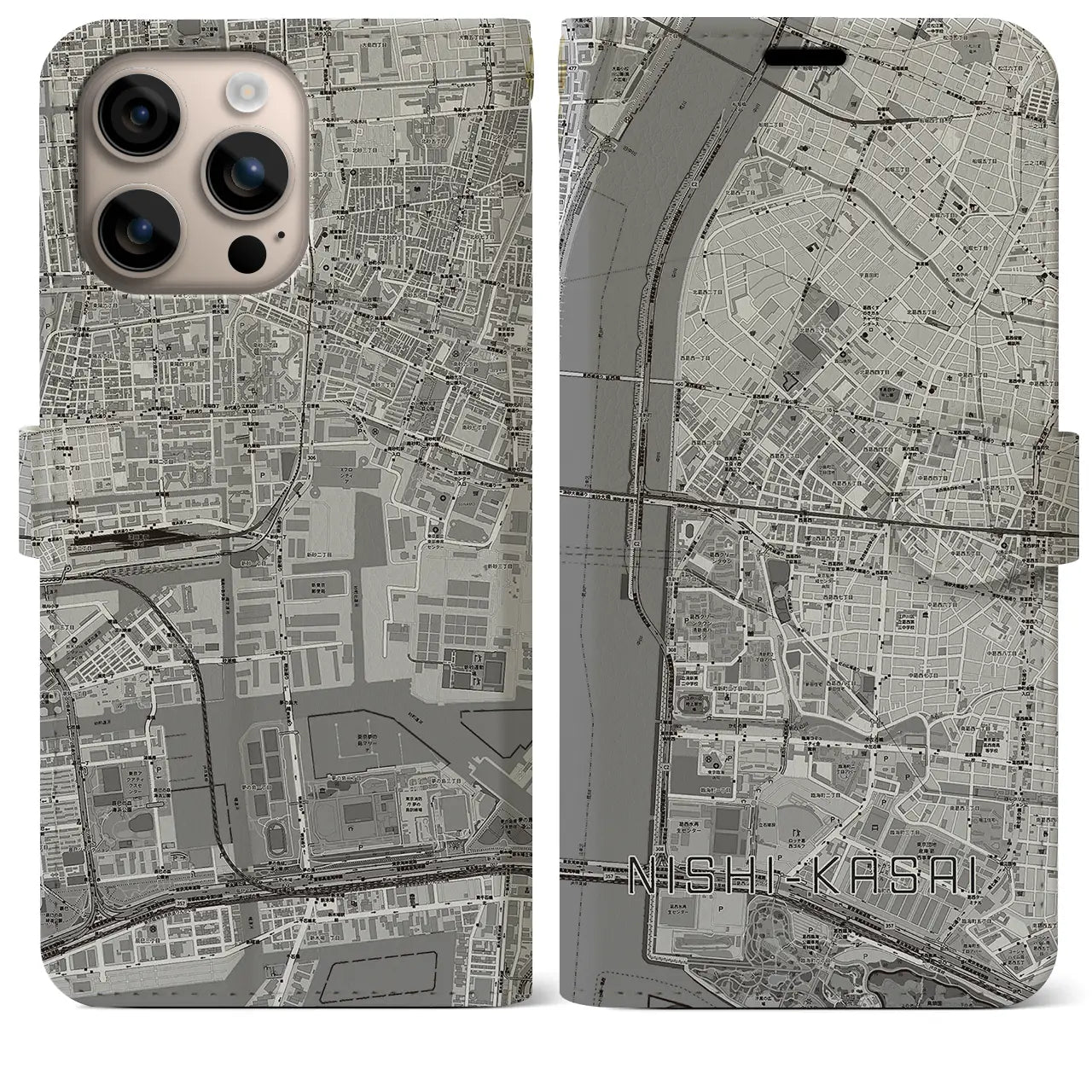 【西葛西（東京都）】地図柄iPhoneケース（手帳タイプ）モノトーン・iPhone 16 Plus 用