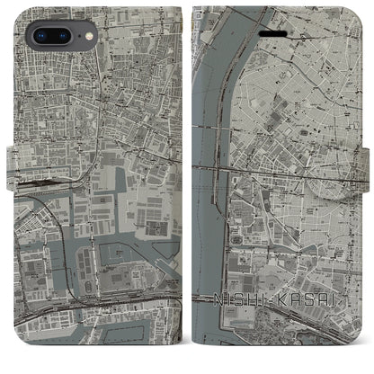 【西葛西（東京都）】地図柄iPhoneケース（手帳タイプ）モノトーン・iPhone 8Plus /7Plus / 6sPlus / 6Plus 用