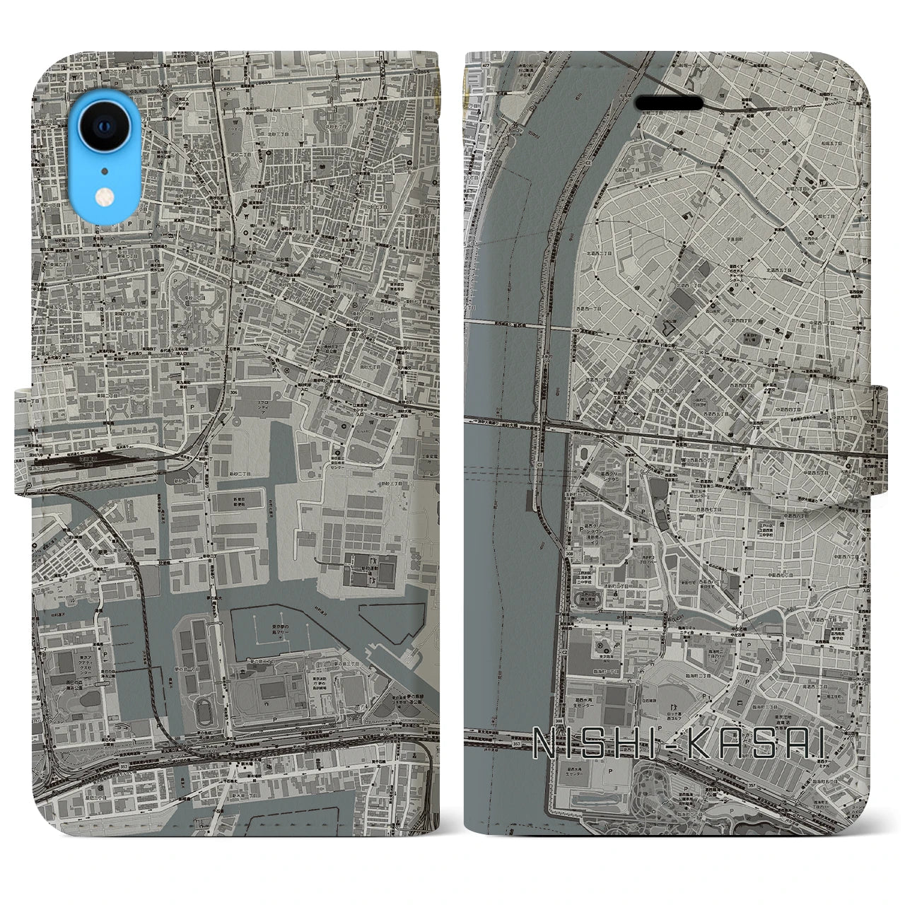【西葛西】地図柄iPhoneケース（手帳両面タイプ・モノトーン）iPhone XR 用