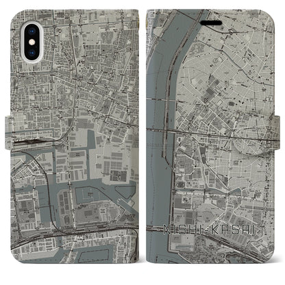 【西葛西（東京都）】地図柄iPhoneケース（手帳タイプ）モノトーン・iPhone XS Max 用