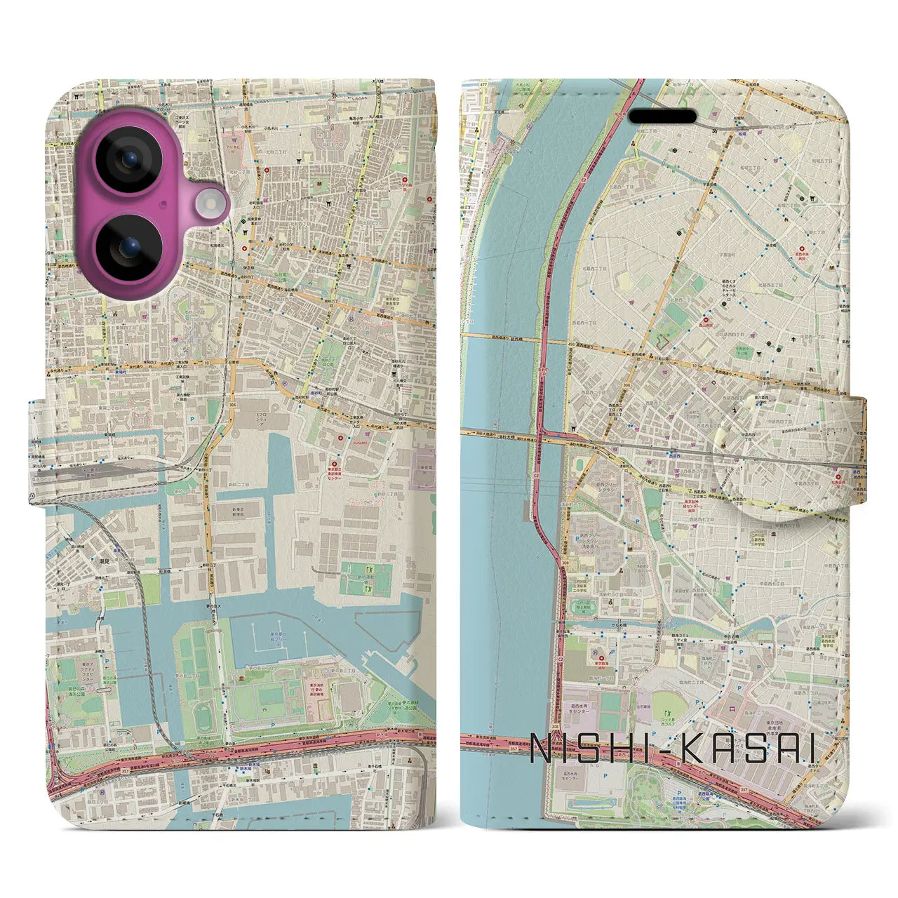 【西葛西（東京都）】地図柄iPhoneケース（手帳タイプ）ナチュラル・iPhone 16 Pro 用