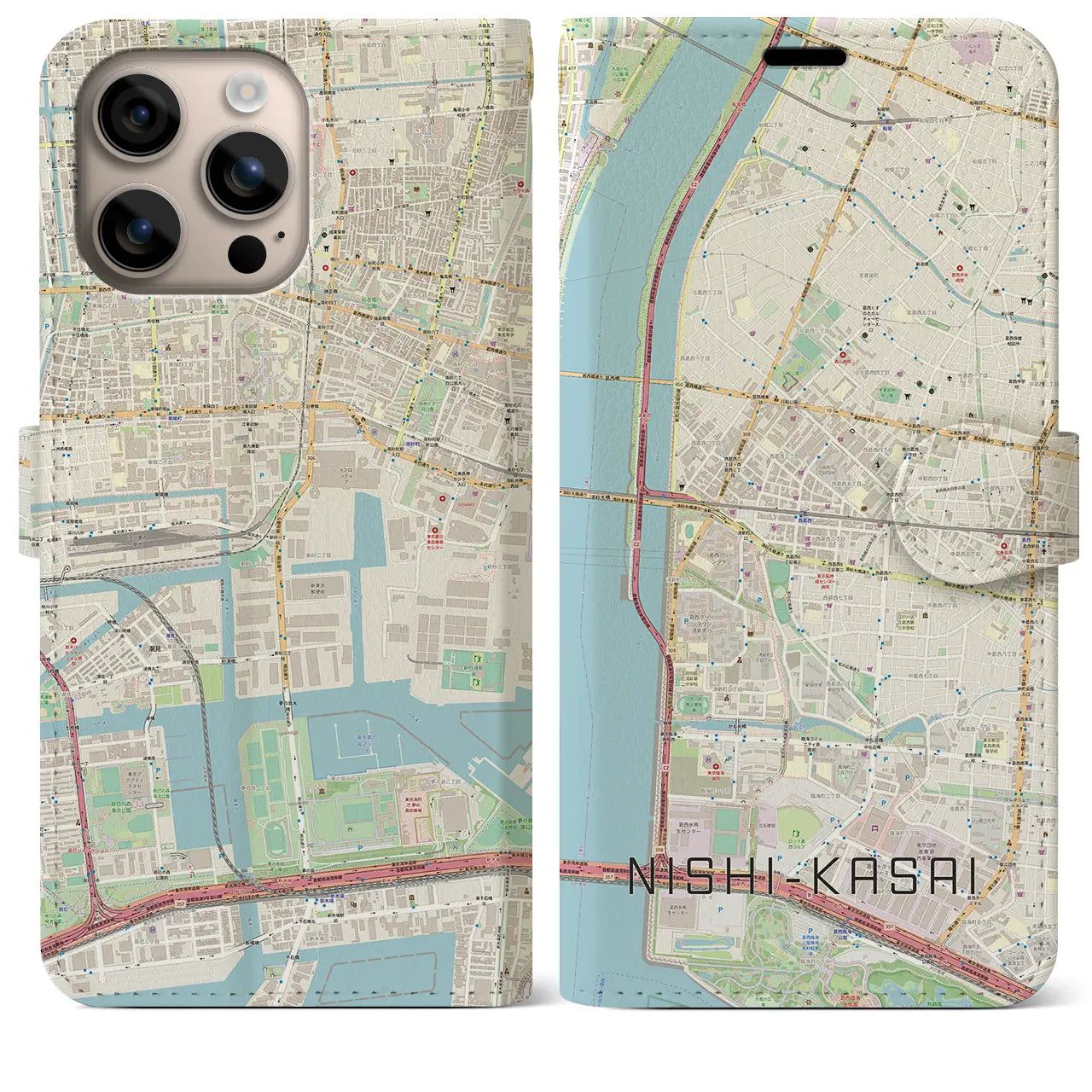 【西葛西（東京都）】地図柄iPhoneケース（手帳タイプ）ナチュラル・iPhone 16 Plus 用