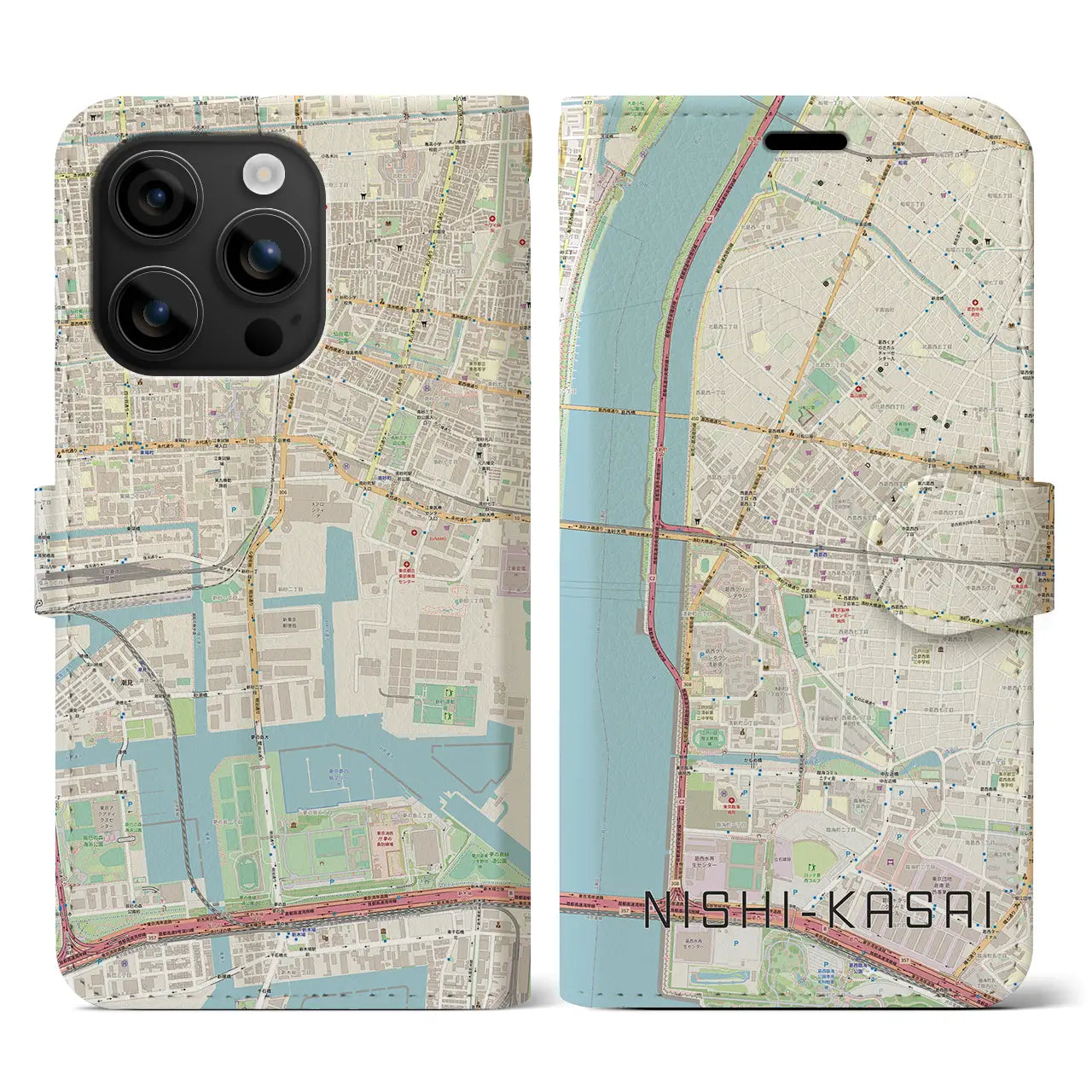 【西葛西（東京都）】地図柄iPhoneケース（手帳タイプ）ナチュラル・iPhone 16 用