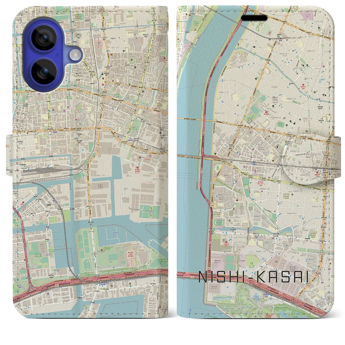 【西葛西（東京都）】地図柄iPhoneケース（手帳タイプ）ナチュラル・iPhone 16 Pro Max 用