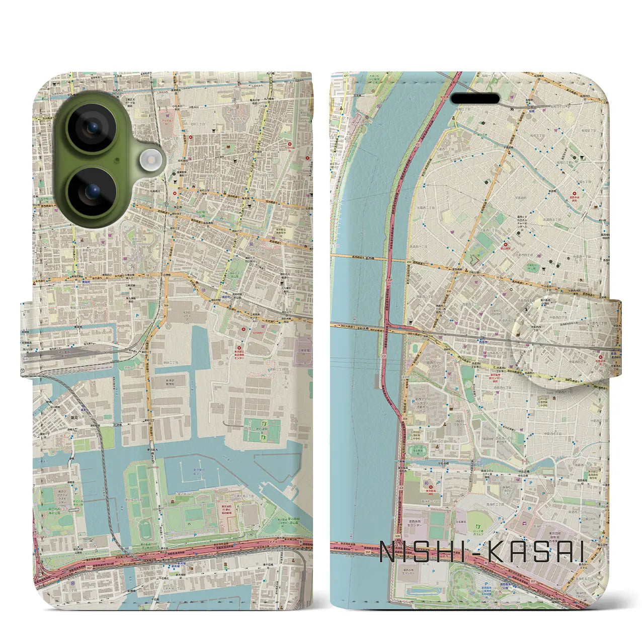 【西葛西（東京都）】地図柄iPhoneケース（手帳タイプ）