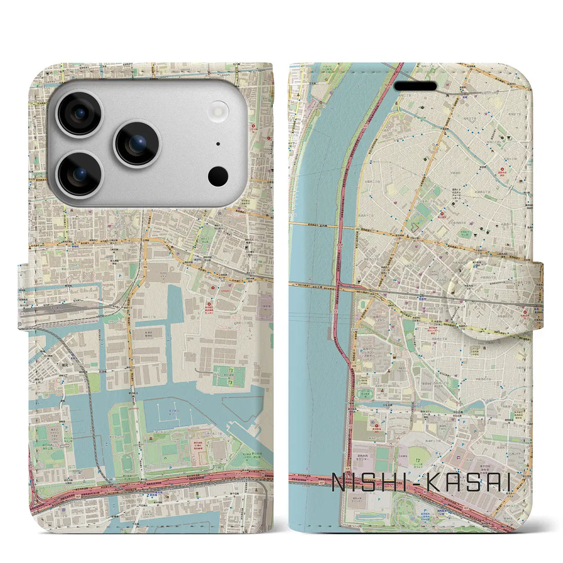 【西葛西（東京都）】地図柄iPhoneケース（手帳タイプ）ナチュラル・iPhone 17 Pro Max 用