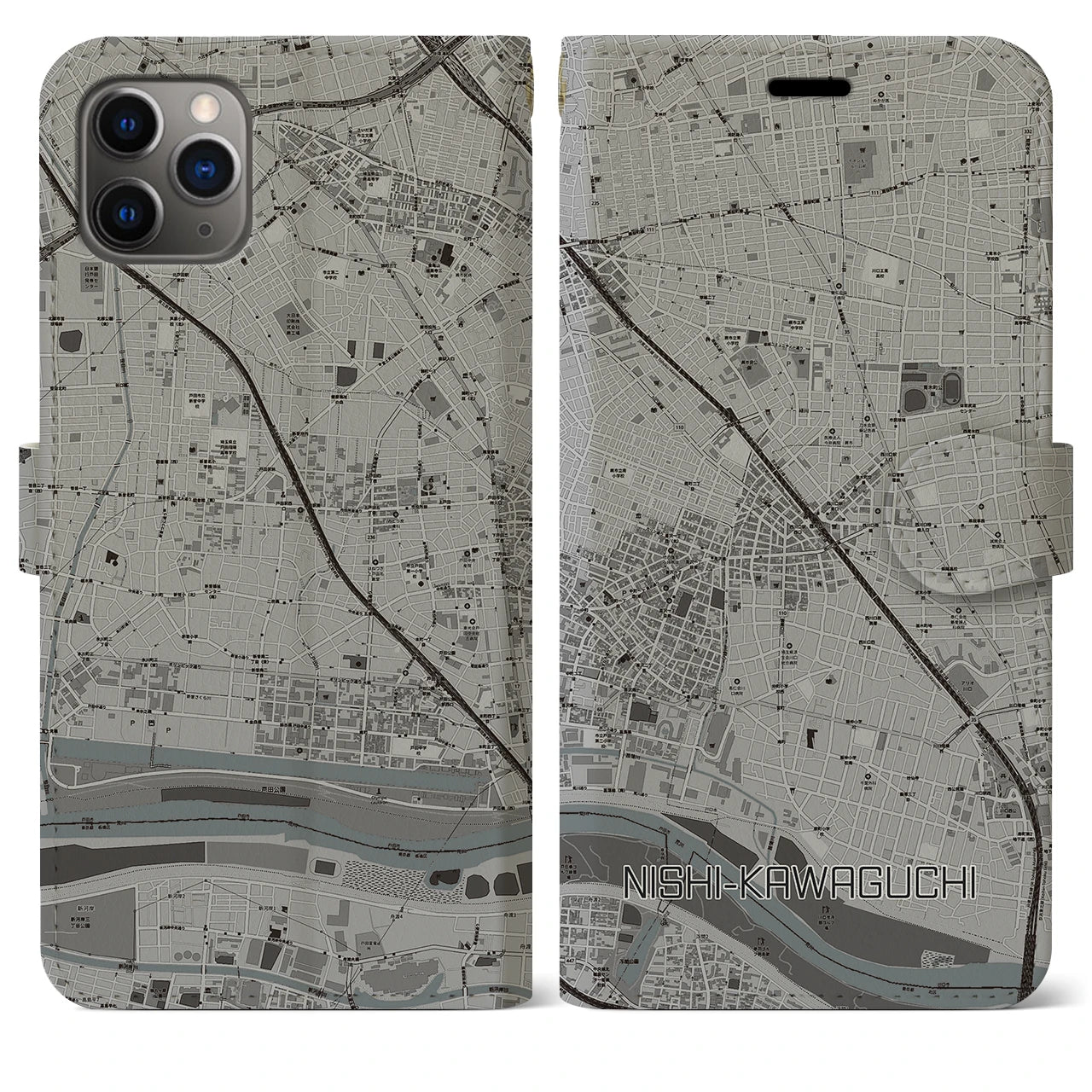【西川口】地図柄iPhoneケース（手帳両面タイプ・モノトーン）iPhone 11 Pro Max 用