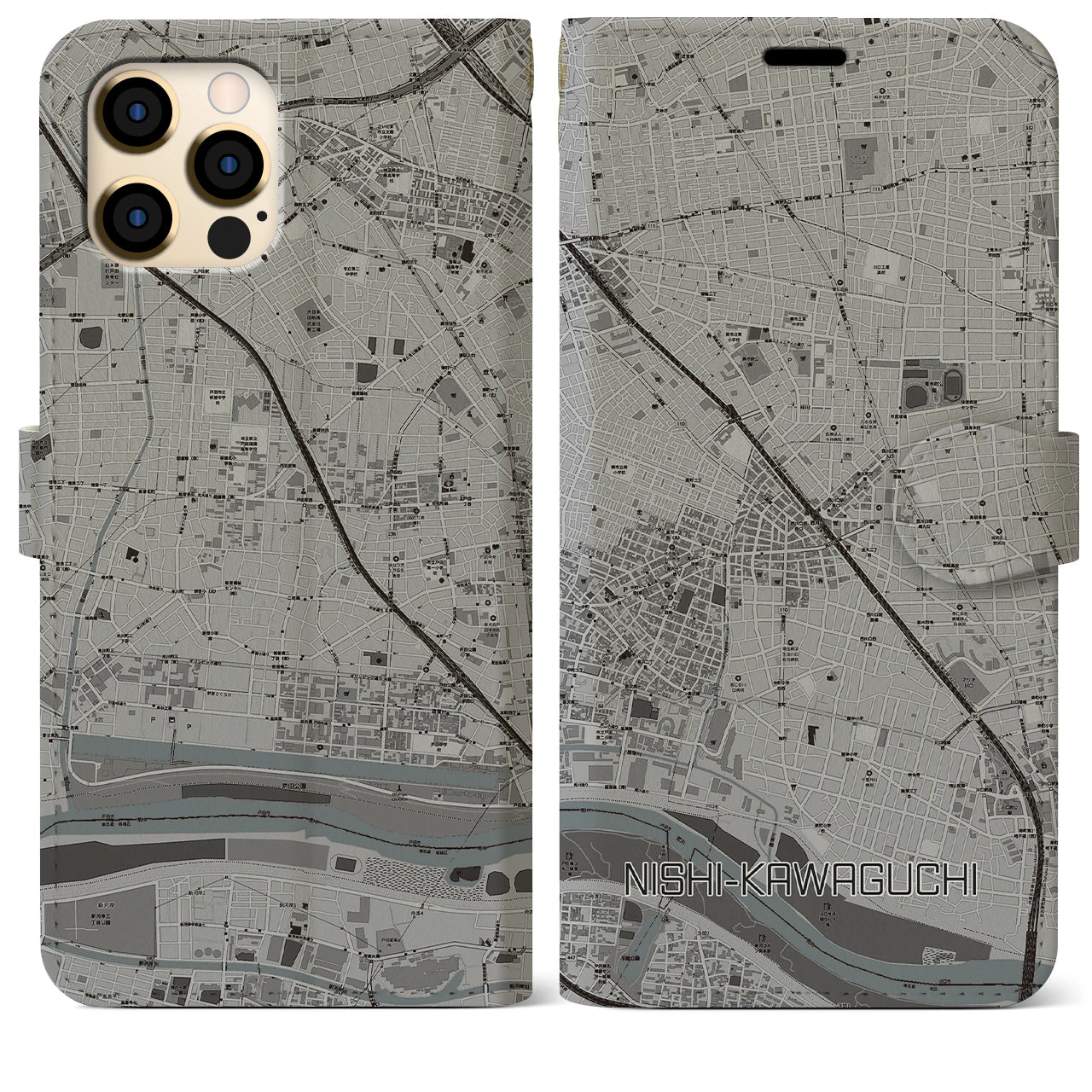 【西川口】地図柄iPhoneケース（手帳両面タイプ・モノトーン）iPhone 12 Pro Max 用