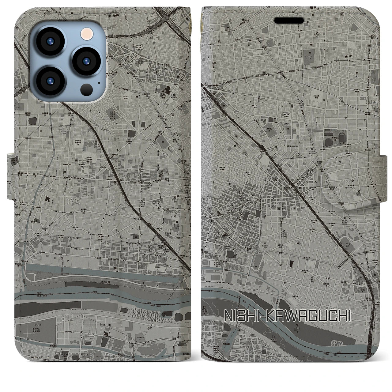 【西川口】地図柄iPhoneケース（手帳両面タイプ・モノトーン）iPhone 13 Pro Max 用