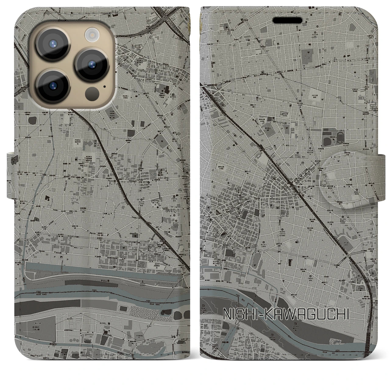 【西川口】地図柄iPhoneケース（手帳両面タイプ・モノトーン）iPhone 14 Pro Max 用