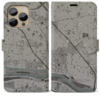 【西川口（埼玉県）】地図柄iPhoneケース（手帳タイプ）モノトーン・iPhone 14 Pro Max 用