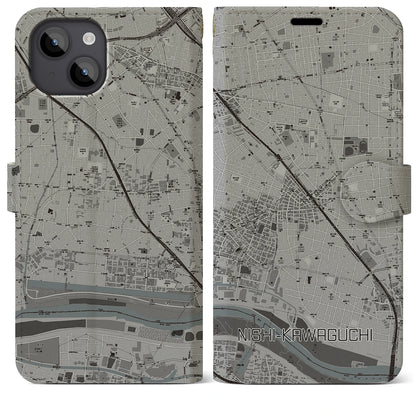 【西川口（埼玉県）】地図柄iPhoneケース（手帳タイプ）モノトーン・iPhone 14 Plus 用