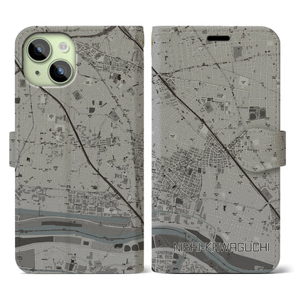 【西川口（埼玉県）】地図柄iPhoneケース（手帳タイプ）モノトーン・iPhone 15 用