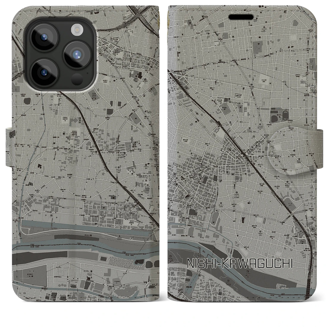 【西川口】地図柄iPhoneケース（手帳両面タイプ・モノトーン）iPhone 15 Pro Max 用