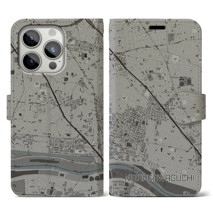 【西川口（埼玉県）】地図柄iPhoneケース（手帳タイプ）モノトーン・iPhone 15 Pro 用