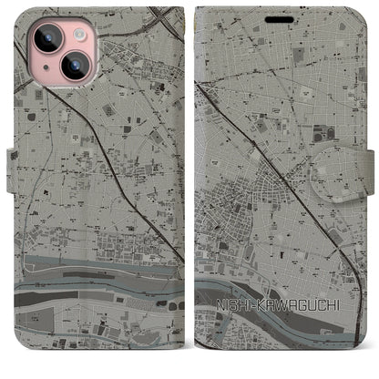 【西川口（埼玉県）】地図柄iPhoneケース（手帳タイプ）モノトーン・iPhone 15 Plus 用