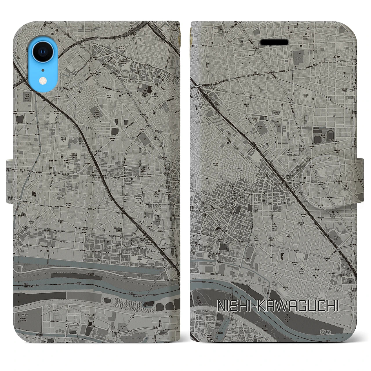 【西川口】地図柄iPhoneケース（手帳両面タイプ・モノトーン）iPhone XR 用