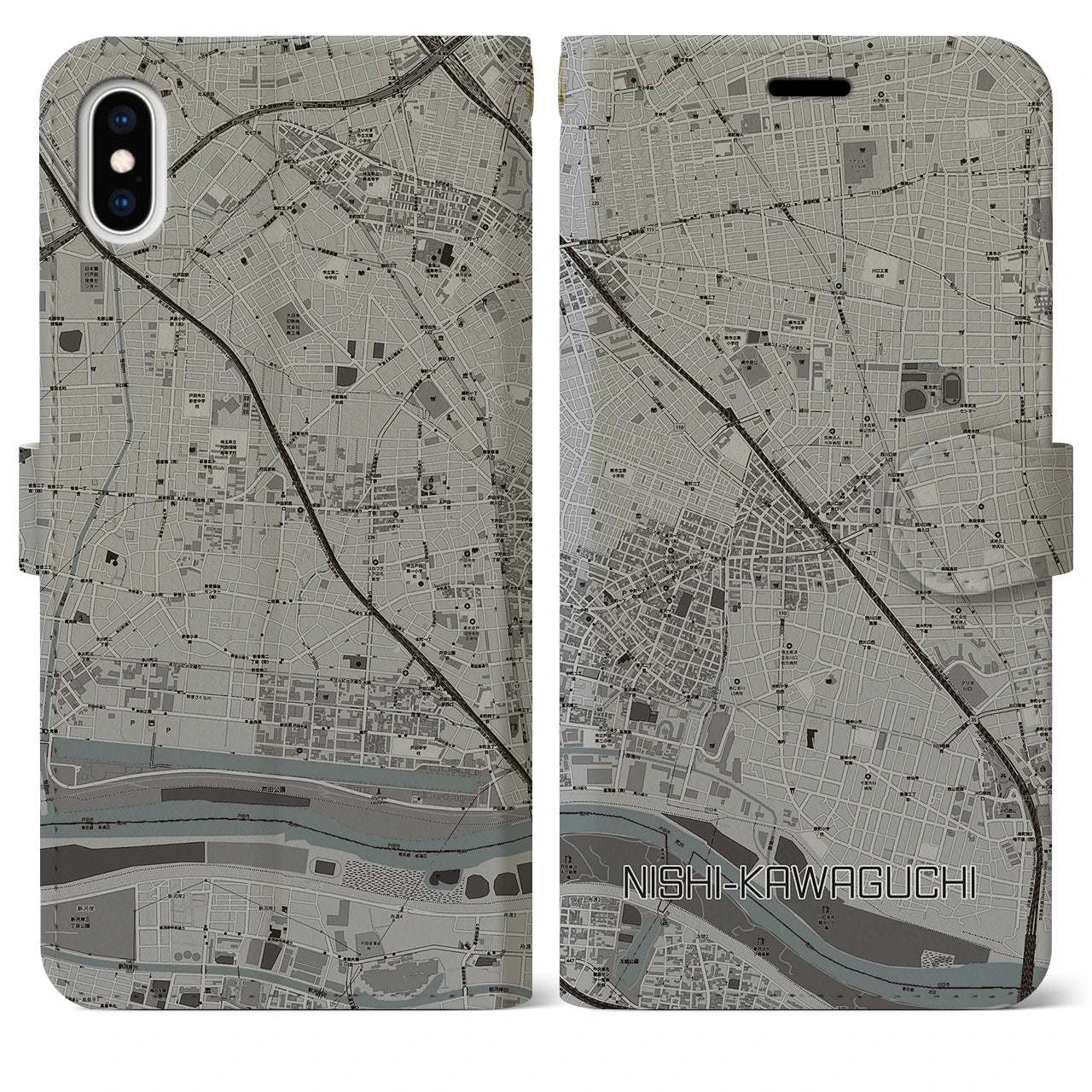 【西川口】地図柄iPhoneケース（手帳両面タイプ・モノトーン）iPhone XS Max 用