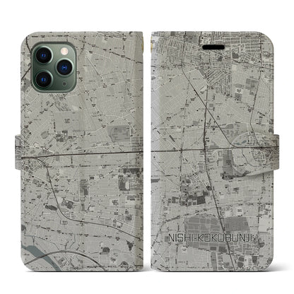 【西国分寺（東京都）】地図柄iPhoneケース（手帳タイプ）モノトーン・iPhone 11 Pro 用