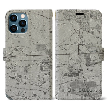 【西国分寺（東京都）】地図柄iPhoneケース（手帳タイプ）モノトーン・iPhone 12 / 12 Pro 用