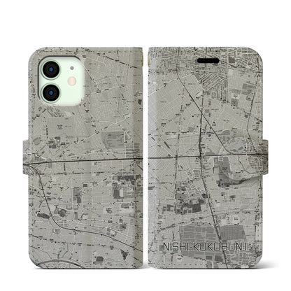 【西国分寺（東京都）】地図柄iPhoneケース（手帳タイプ）モノトーン・iPhone 12 mini 用