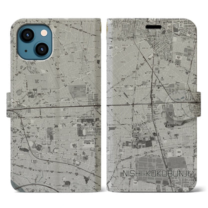 【西国分寺（東京都）】地図柄iPhoneケース（手帳タイプ）モノトーン・iPhone 13 用