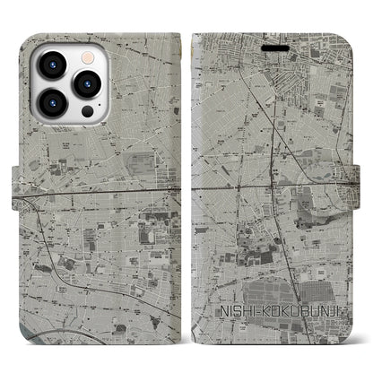 【西国分寺（東京都）】地図柄iPhoneケース（手帳タイプ）モノトーン・iPhone 13 Pro 用