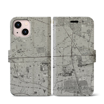 【西国分寺（東京都）】地図柄iPhoneケース（手帳タイプ）モノトーン・iPhone 13 mini 用