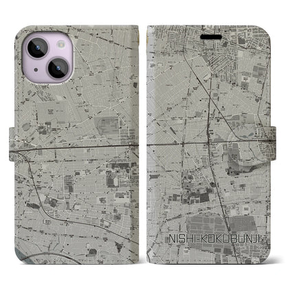 【西国分寺（東京都）】地図柄iPhoneケース（手帳タイプ）モノトーン・iPhone 14 用