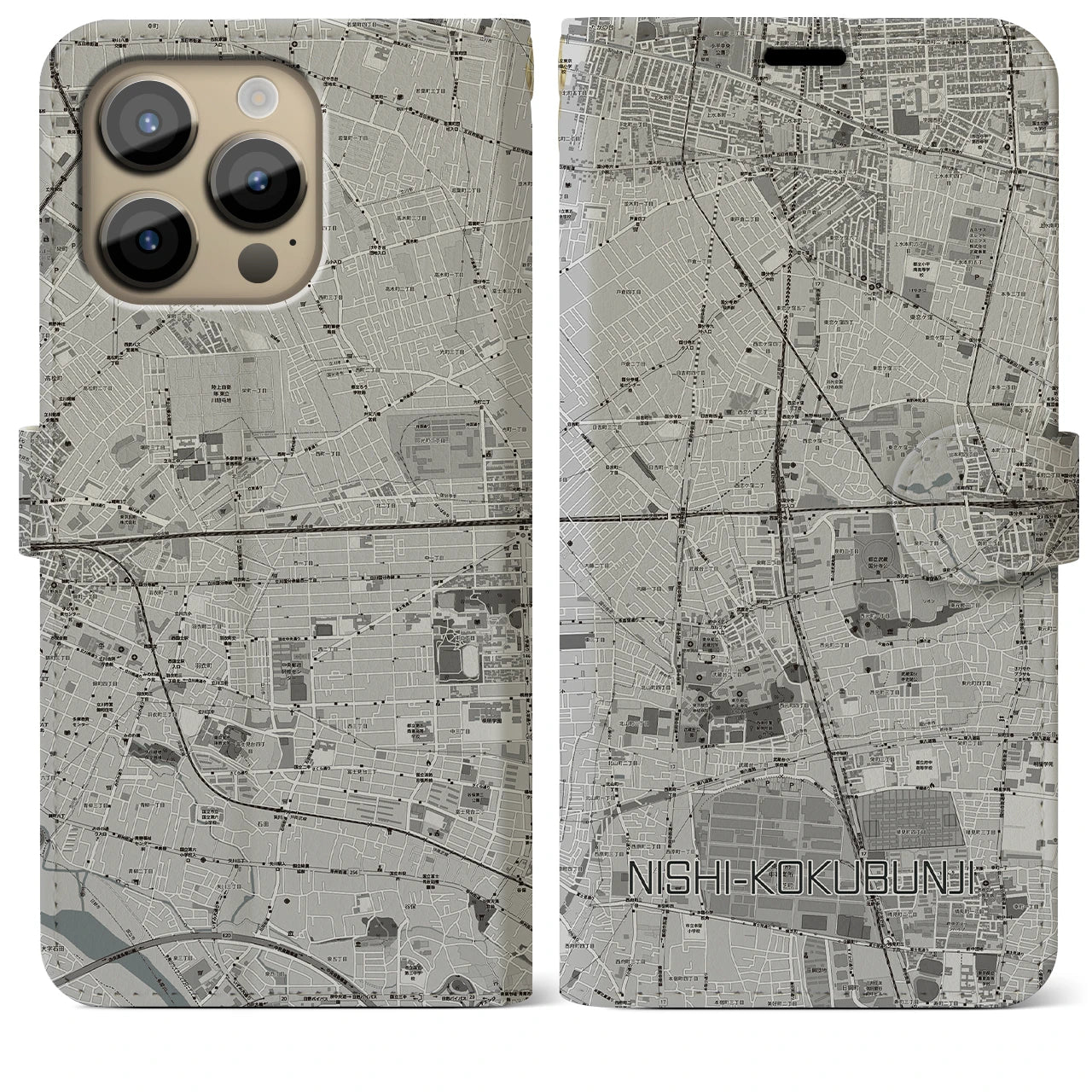 【西国分寺】地図柄iPhoneケース（手帳両面タイプ・モノトーン）iPhone 14 Pro Max 用