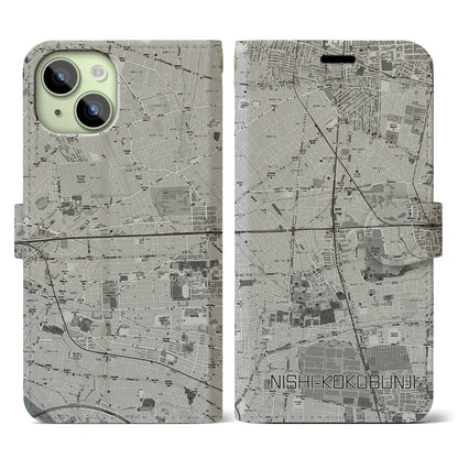【西国分寺（東京都）】地図柄iPhoneケース（手帳タイプ）モノトーン・iPhone 15 用