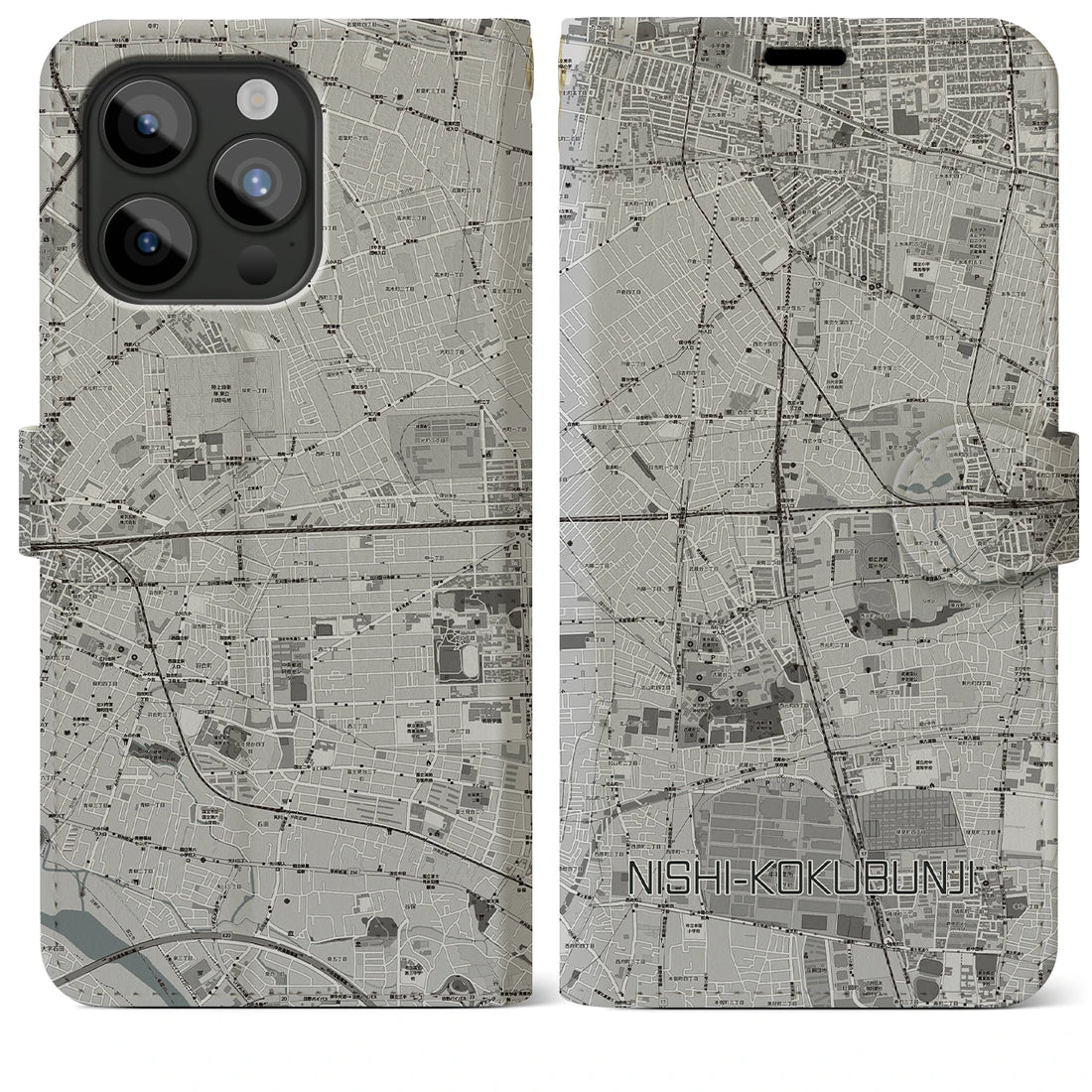 【西国分寺】地図柄iPhoneケース（手帳両面タイプ・モノトーン）iPhone 15 Pro Max 用