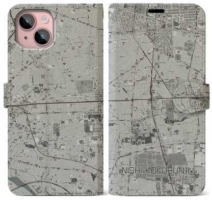 【西国分寺（東京都）】地図柄iPhoneケース（手帳タイプ）モノトーン・iPhone 15 Plus 用