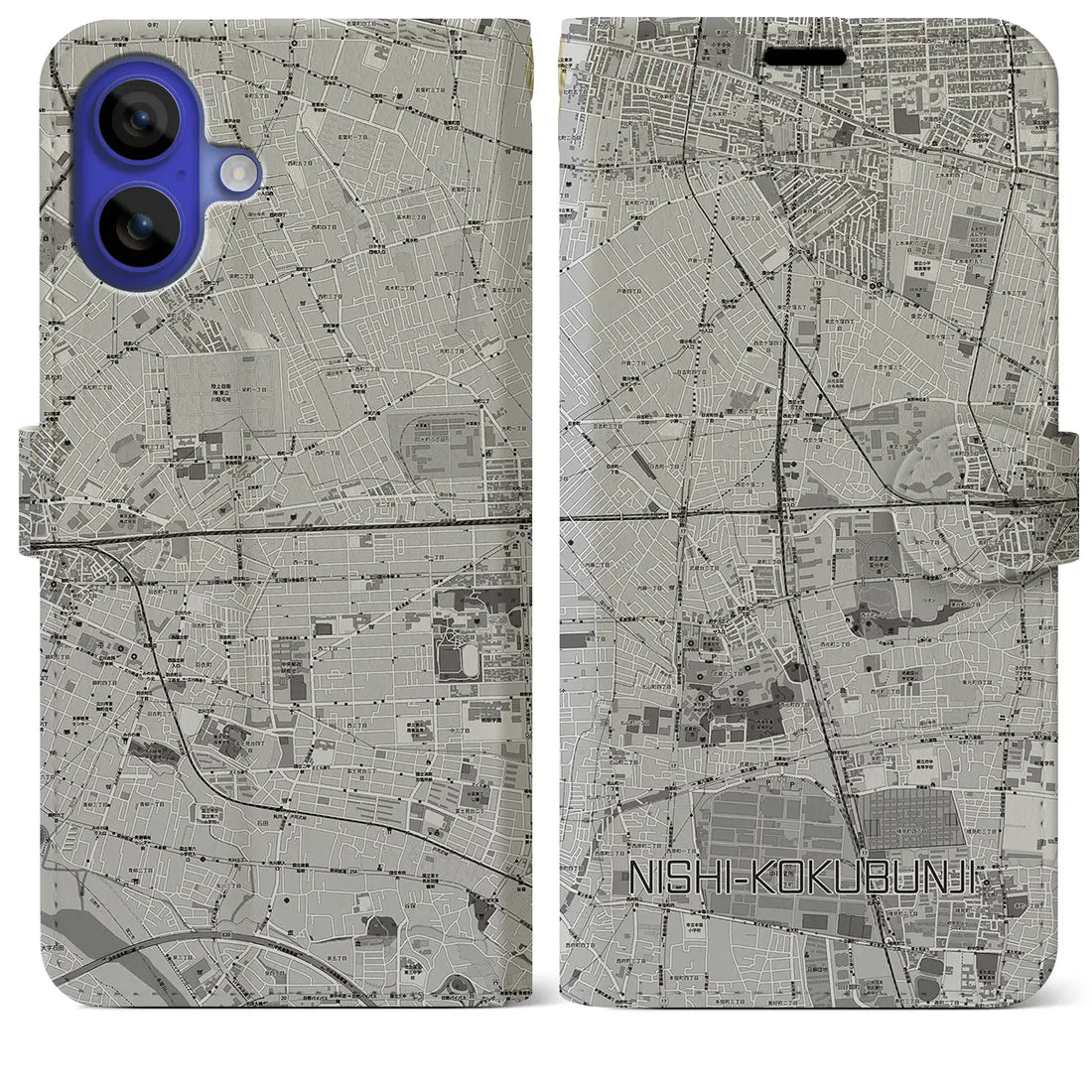 【西国分寺(東京都)】地図柄iPhoneケース(手帳タイプ)モノトーン・iPhone 16 Pro Max 用