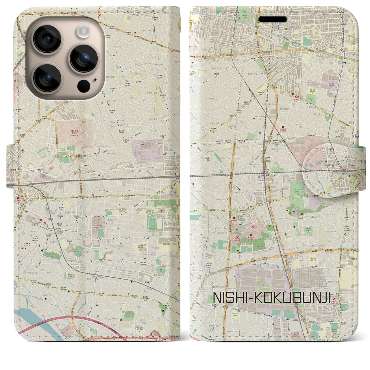 【西国分寺（東京都）】地図柄iPhoneケース（手帳タイプ）ナチュラル・iPhone 16 Plus 用