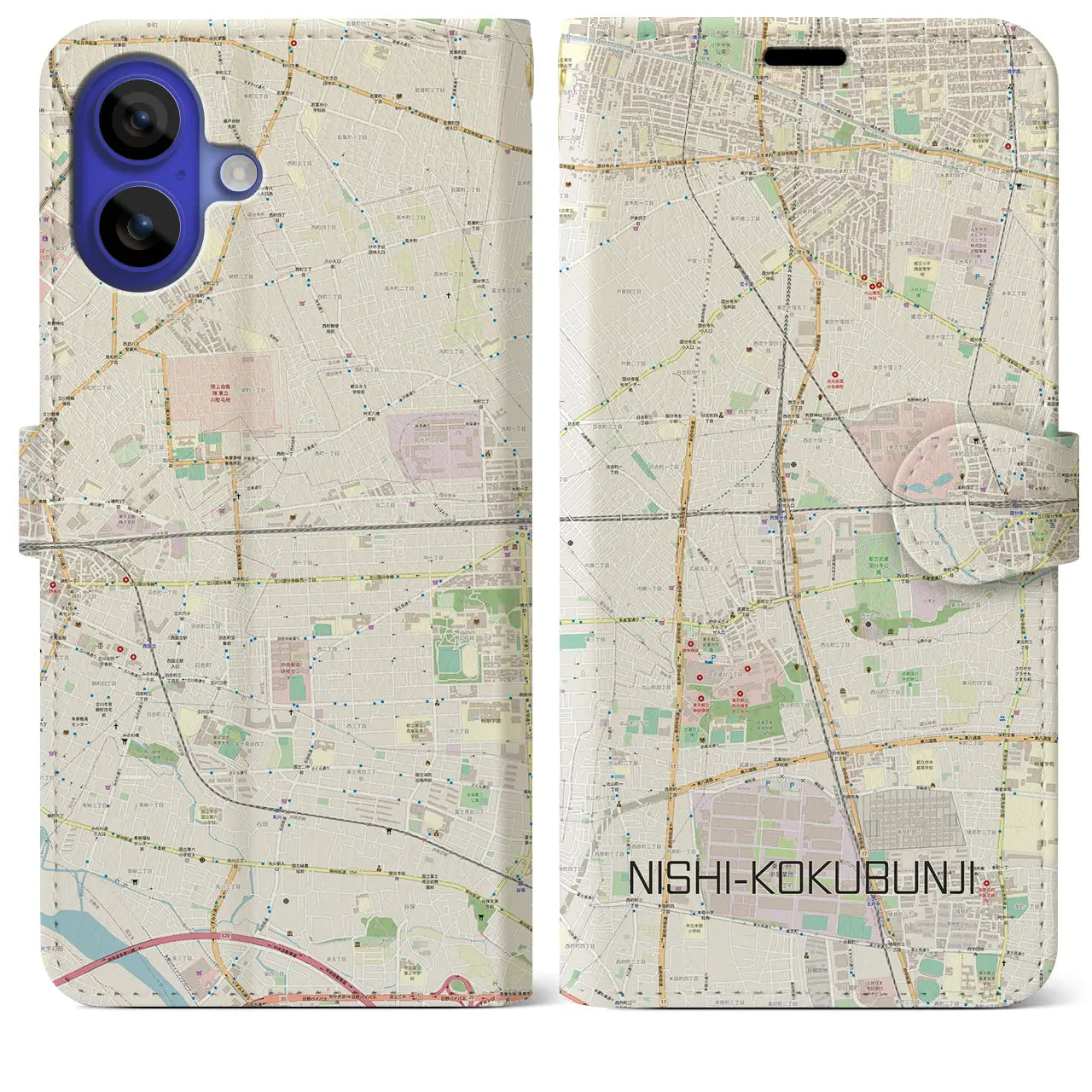 【西国分寺（東京都）】地図柄iPhoneケース（手帳タイプ）ナチュラル・iPhone 16 Pro Max 用