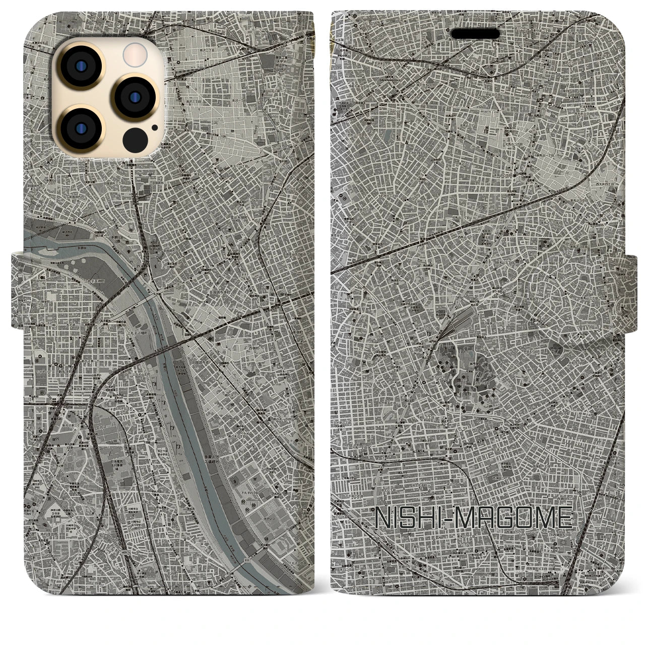 【西馬込】地図柄iPhoneケース（手帳両面タイプ・モノトーン）iPhone 12 Pro Max 用