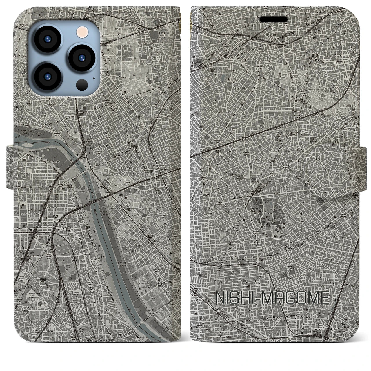 【西馬込】地図柄iPhoneケース（手帳両面タイプ・モノトーン）iPhone 13 Pro Max 用
