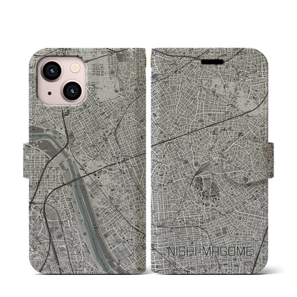 【西馬込（東京都）】地図柄iPhoneケース（手帳タイプ）モノトーン・iPhone 13 mini 用