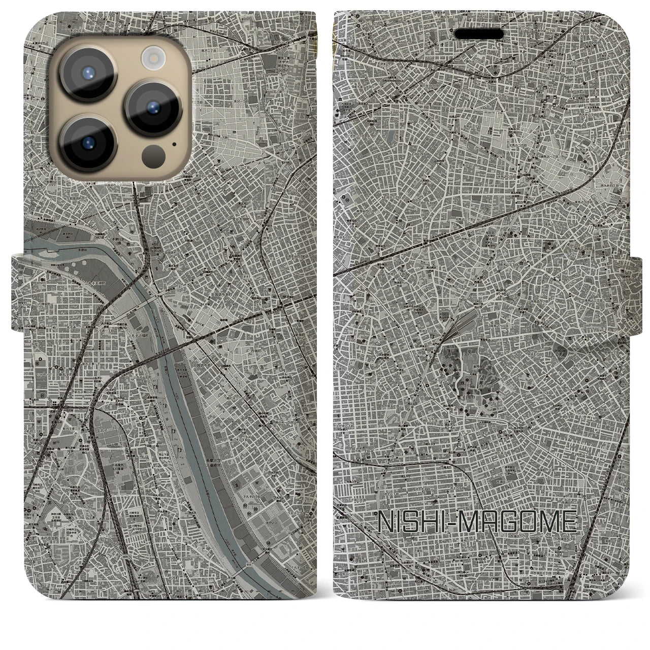 【西馬込】地図柄iPhoneケース（手帳両面タイプ・モノトーン）iPhone 14 Pro Max 用
