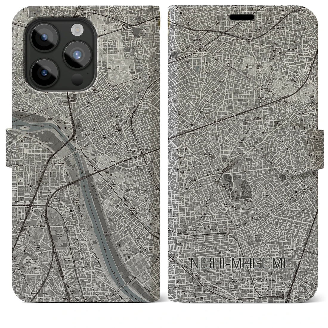 【西馬込】地図柄iPhoneケース（手帳両面タイプ・モノトーン）iPhone 15 Pro Max 用
